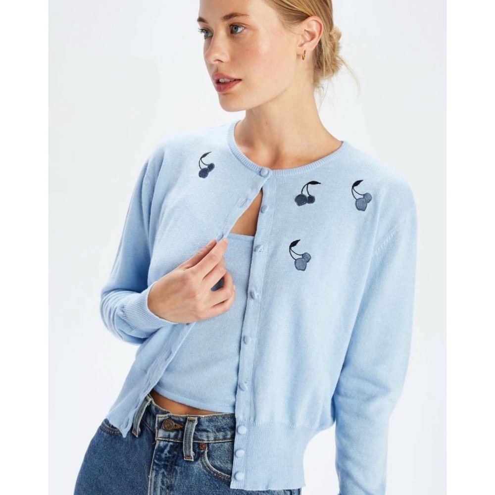 HVN Baby Blue Cherry 'Laura' Embroidered Cardigan & Tank Set